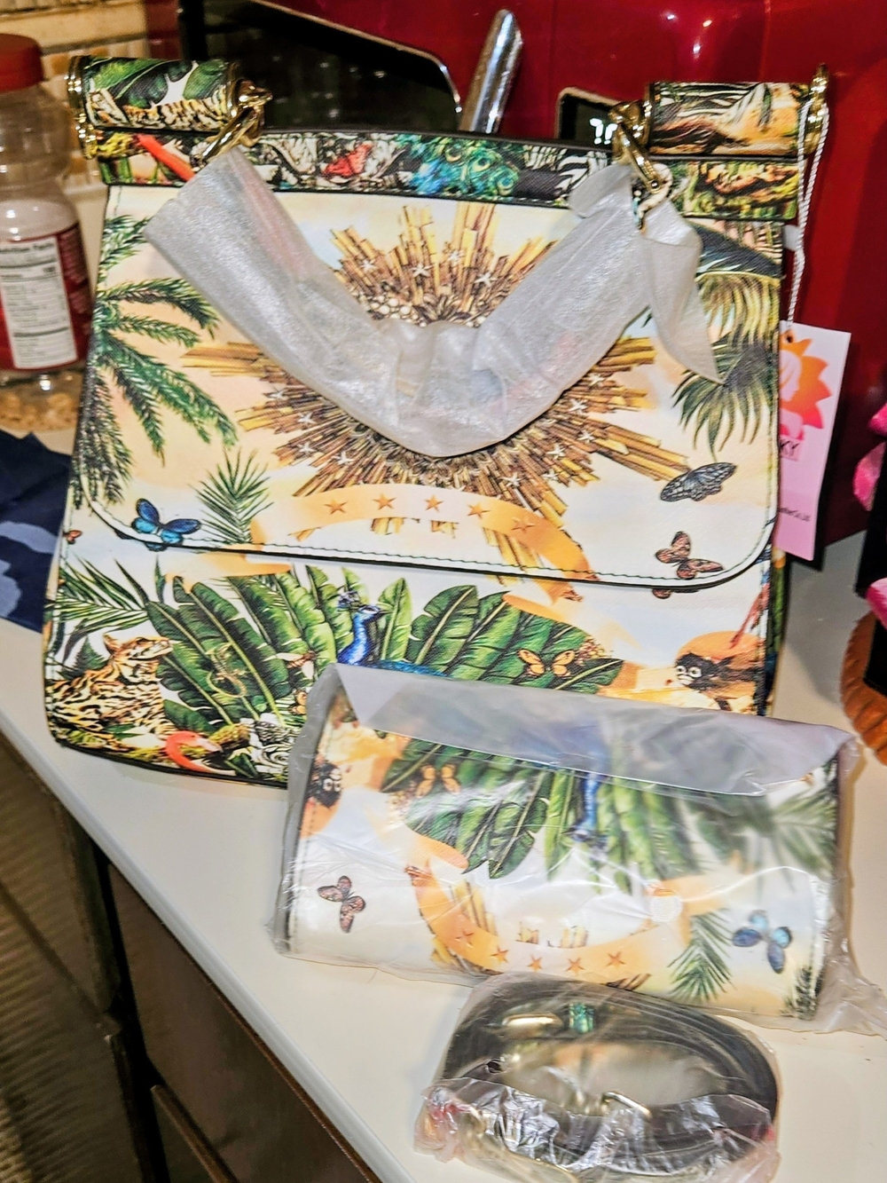 Tropical Botanical Print Handbag Set- White Multi